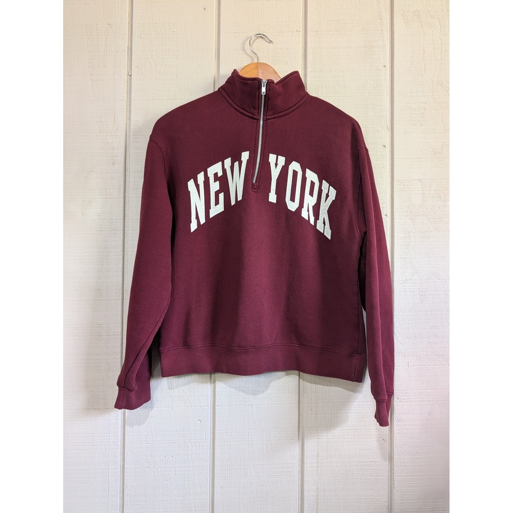 Lazy Sunday New York Quarter Zip Sweatshirt Burgundy Fleece Pullover Tourist
